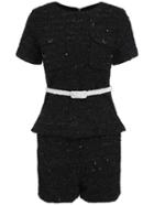 Romwe Short Sleeve Sequined Pockets Belt Top With Shorts