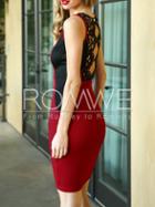 Romwe Red Strap Color Block Panel Embroidered Back Sheath Dress