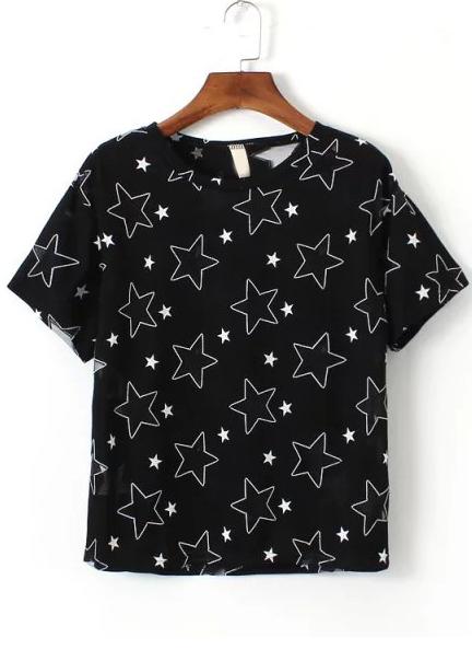 Romwe With Mesh Star Print Hollow Black T-shirt