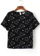 Romwe With Mesh Star Print Hollow Black T-shirt