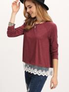 Romwe Burgundy Long Sleeve Round Neck Lace Hem T-shirt