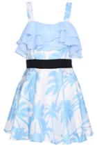 Romwe Coconut Tree Print Dual-tone Sleeveless Blue Dress
