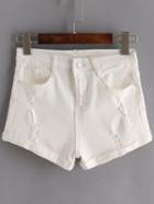 Romwe Ripped Cuffed Denim White Shorts