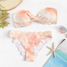 Romwe Tie Dye Scalloped Trim Bandeau Bikini Set