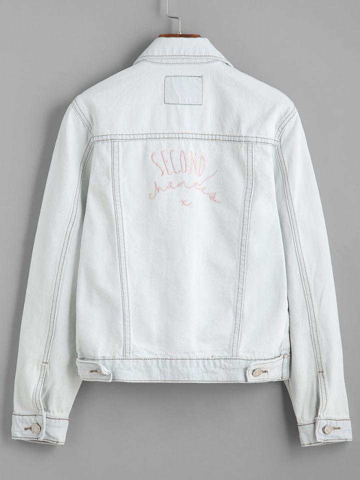 Romwe Bleach Wash Letter Embroidered Back Denim Jacket