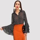 Romwe Tiered Bell Sleeve Dot Print Blouse