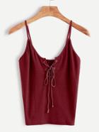Romwe Burgundy Eyelet Lace Up Front Ribbed Knit Cami Top