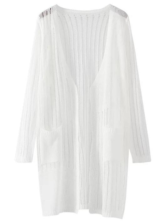 Romwe White Long Sleeve Pocket Cardigan