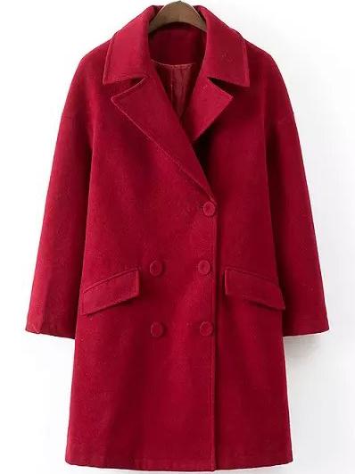 Romwe Lapel Double Breasted Pockets Woolen Coat