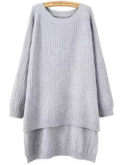 Romwe Raglan Sleeve Dip Hem Ribbed Slit Grey Jumper