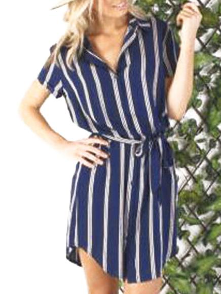 Romwe Vertical Striped Curved Hem Shirt Dress