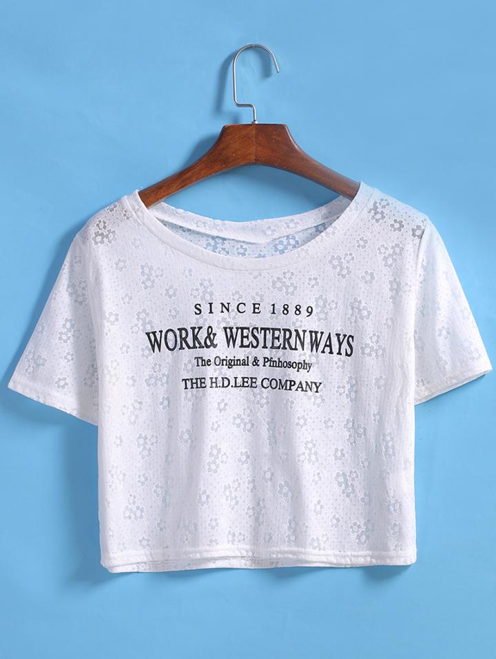 Romwe Floral Polka Dot Letters Print Crop White T-shirt