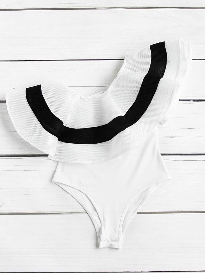 Romwe Two Tone One Shoulder Flounce Swimsuit