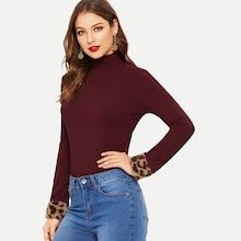 Romwe Leopard Faux Fur Cuff Rib-knit Fitted Tee
