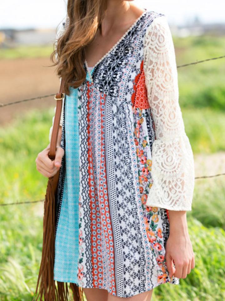 Romwe Multicolor Floral Print Lace Sleeve Dress