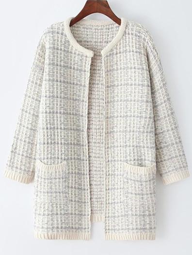 Romwe Round Neck Chunky Knit Pockets Beige Coat