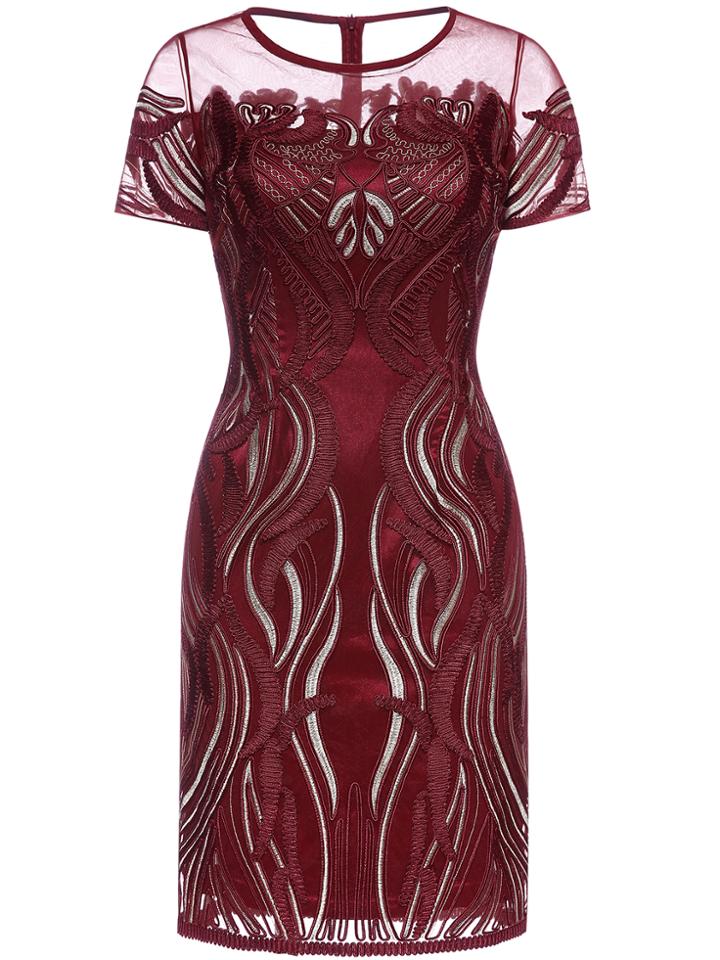 Romwe Burgundy Gauze Disc Flowers Sheath Dress
