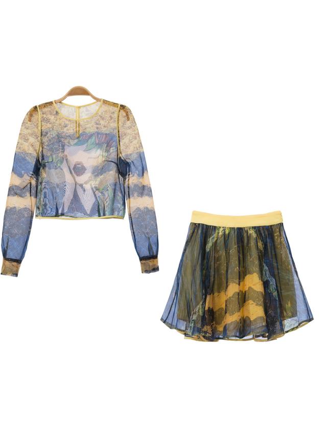 Romwe Color-block Abstract Print Top With Pleated Skirt