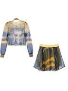 Romwe Color-block Abstract Print Top With Pleated Skirt