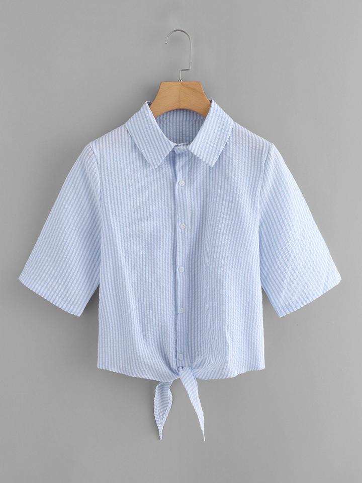 Romwe Single Breasted Knot Front Striped Crop Top