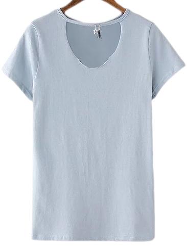 Romwe Light Blue Cut Out Star Tassel Short Sleeve T-shirt
