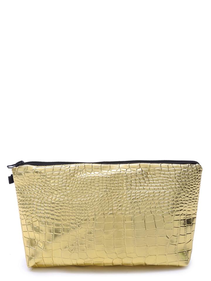 Romwe Sparkly Gold Croc Embossed Pu Makeup Clutch