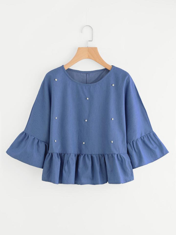 Romwe Faux Pearls Ruffle Hem Blouse