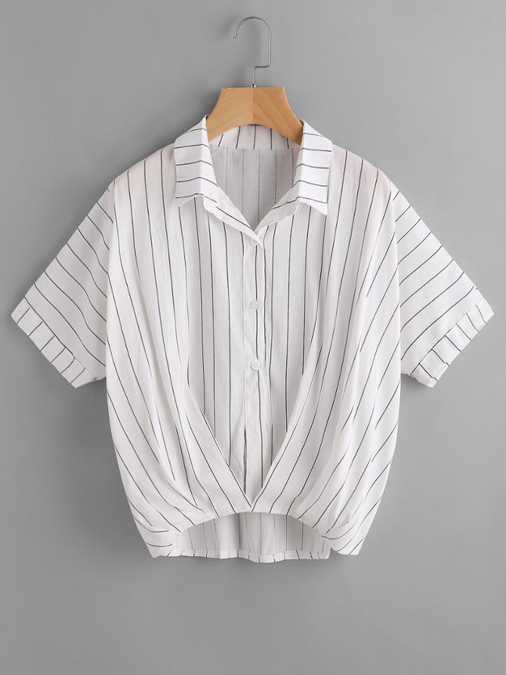 Romwe Pinstriped Batwing Sleeve Rolled Dip Hem Blouse