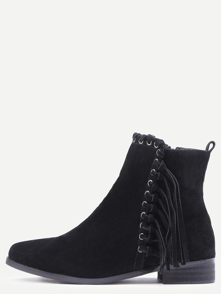 Romwe Black Faux Suede Whipstitch Fringe Boots