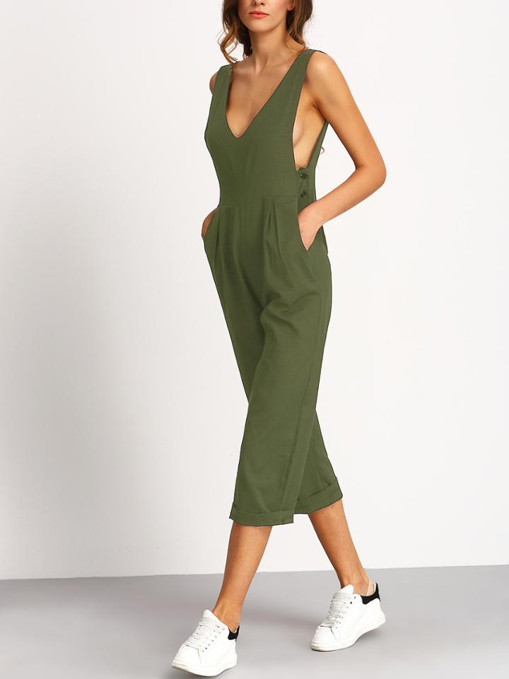 Romwe Green Deep V Neck Jumpsuit