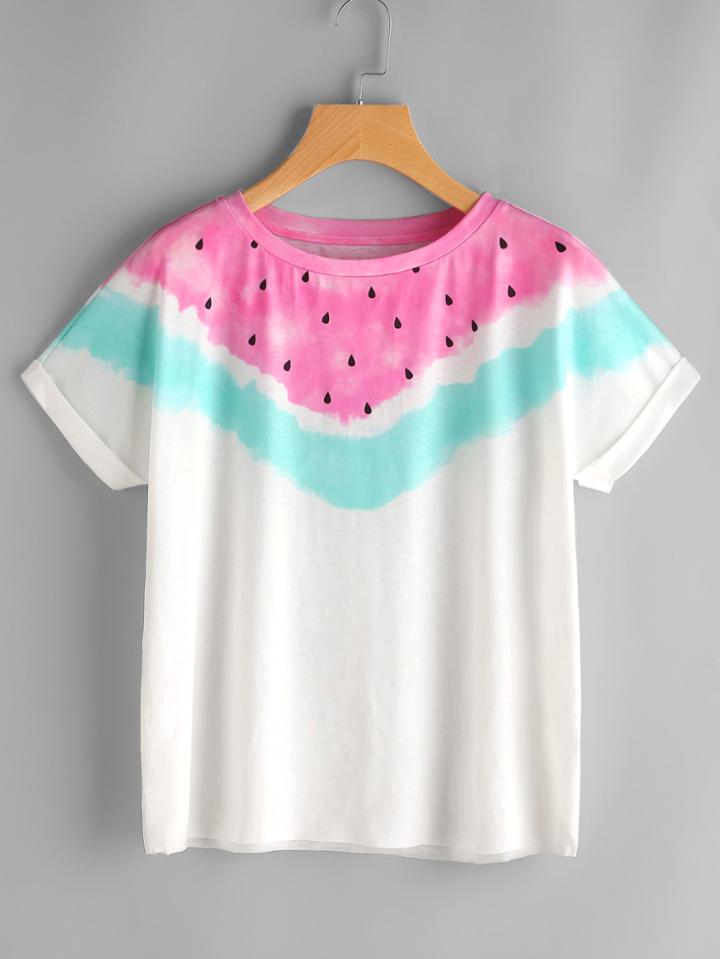 Romwe Watermelon Print Cuffed Sleeve T-shirt