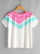 Romwe Watermelon Print Cuffed Sleeve T-shirt