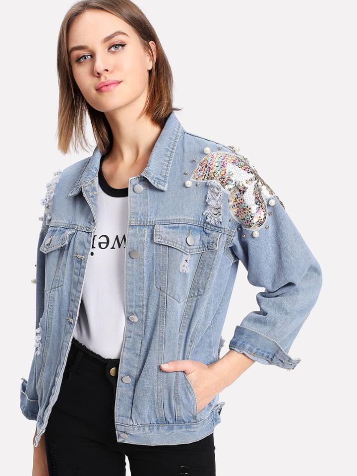Romwe Sequin Detail Ripped Denim Jacket