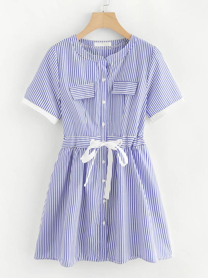 Romwe Single Breasted Drawstring Waist Striped Dress