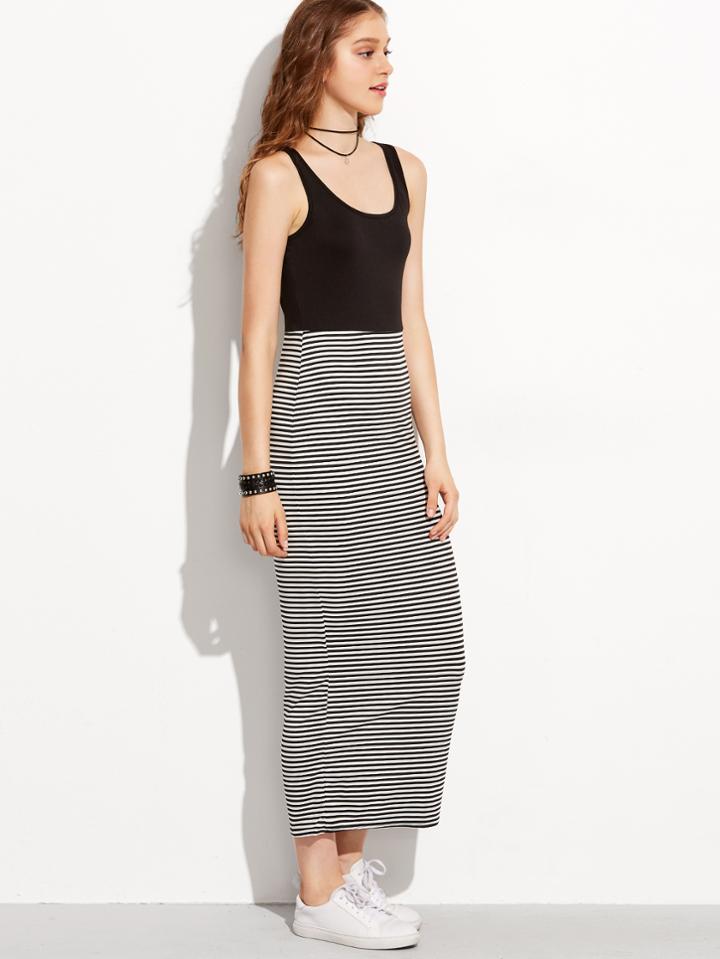 Romwe Black Scoop Neck Striped 2 In 1 Tank Dress