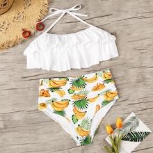 Romwe Flounce Top With Random Banana Print Bikini