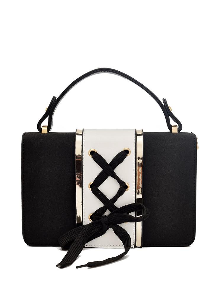 Romwe Two Tone Lace Up Shoulder Bag With Handle
