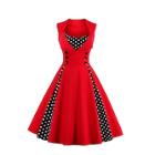Romwe Double-breasted Contrast Polka Dot Flare Dress