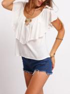 Romwe White Short Sleeve Cross Back Ruffle Top