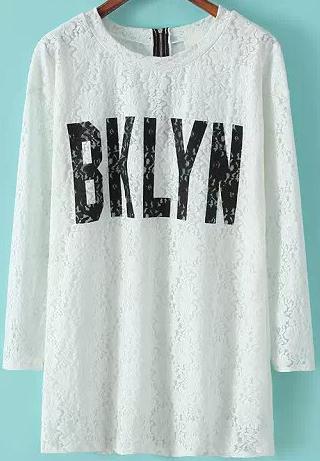 Romwe Letter Print With Zipper Lace White Dress