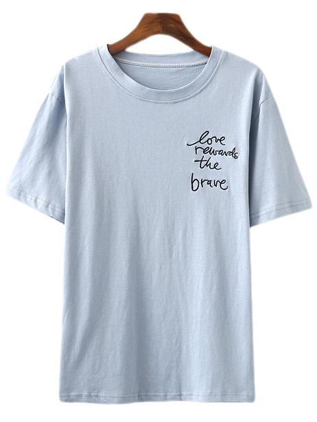 Romwe Blue Short Sleeve Letters Embroidery Casual T-shirt