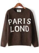 Romwe Paris Lond Print Brown Sweater