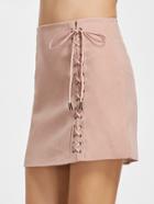 Romwe Pink Lace Up Front Zipper Back Skirt