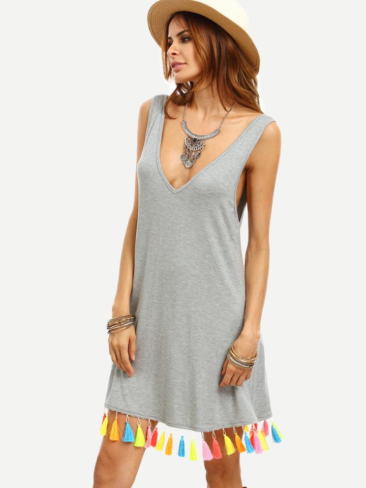 Romwe Grey V Back Tassel Hem Sleeveless Dress