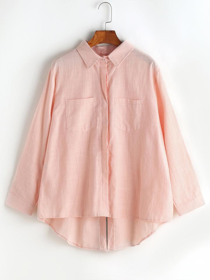 Romwe Split Back High Low Chest Pockets Blouse