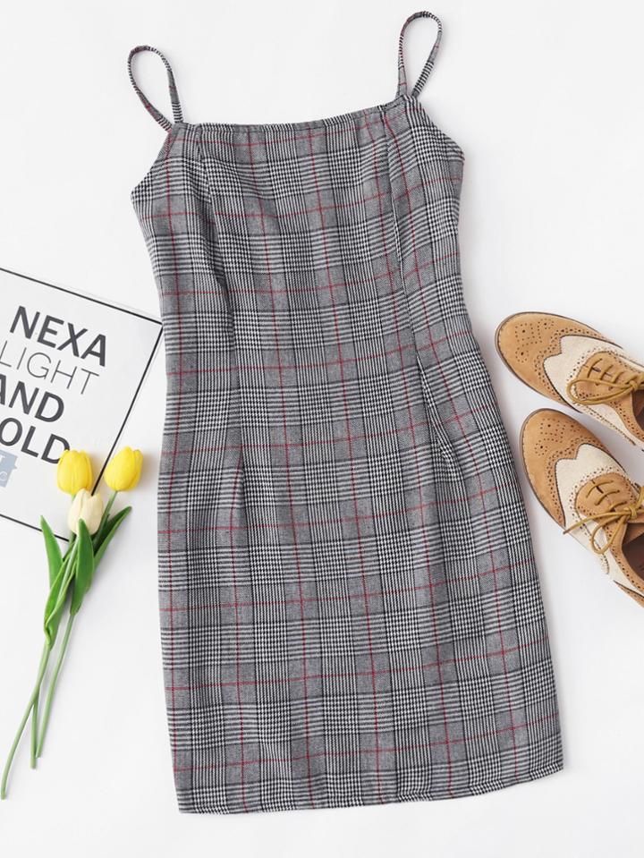 Romwe Plaid Pleated Detail Cami Dress