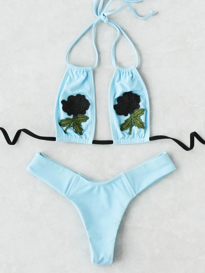 Romwe Contrast Rose Patch Halter Bikini Set