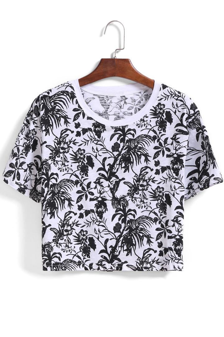 Romwe Black Short Sleeve Floral Crop T-shirt