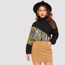 Romwe Turtleneck Neck Mixed Media Ribbed Pullover