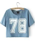 Romwe Number Print Crop Denim T-shirt